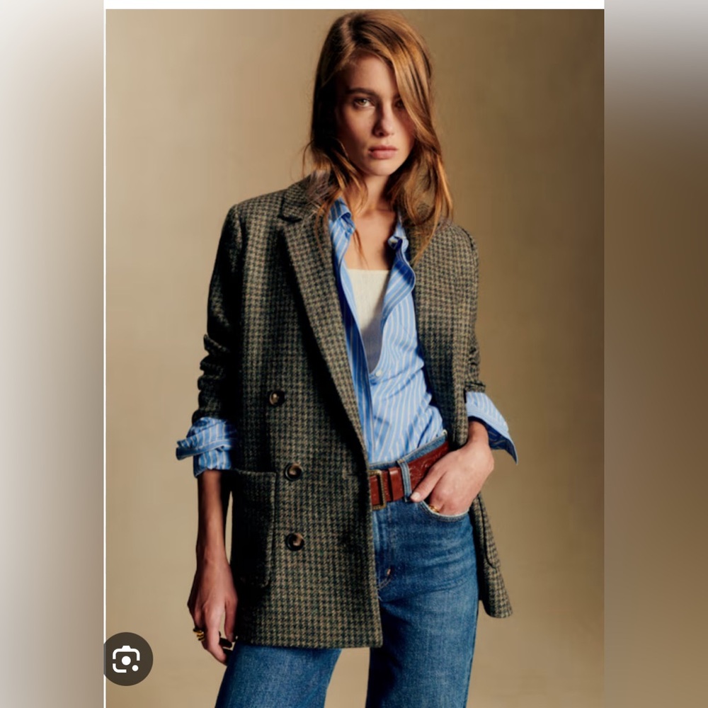 Sezane Michele Wool Khaki Houndstooth Blazer FR36 US4